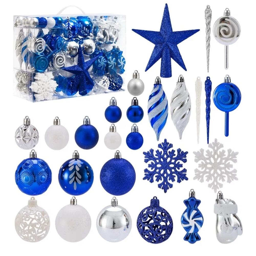 Blue White Silver Shatterproof Christmas Ornaments 130 Pc Set & Star